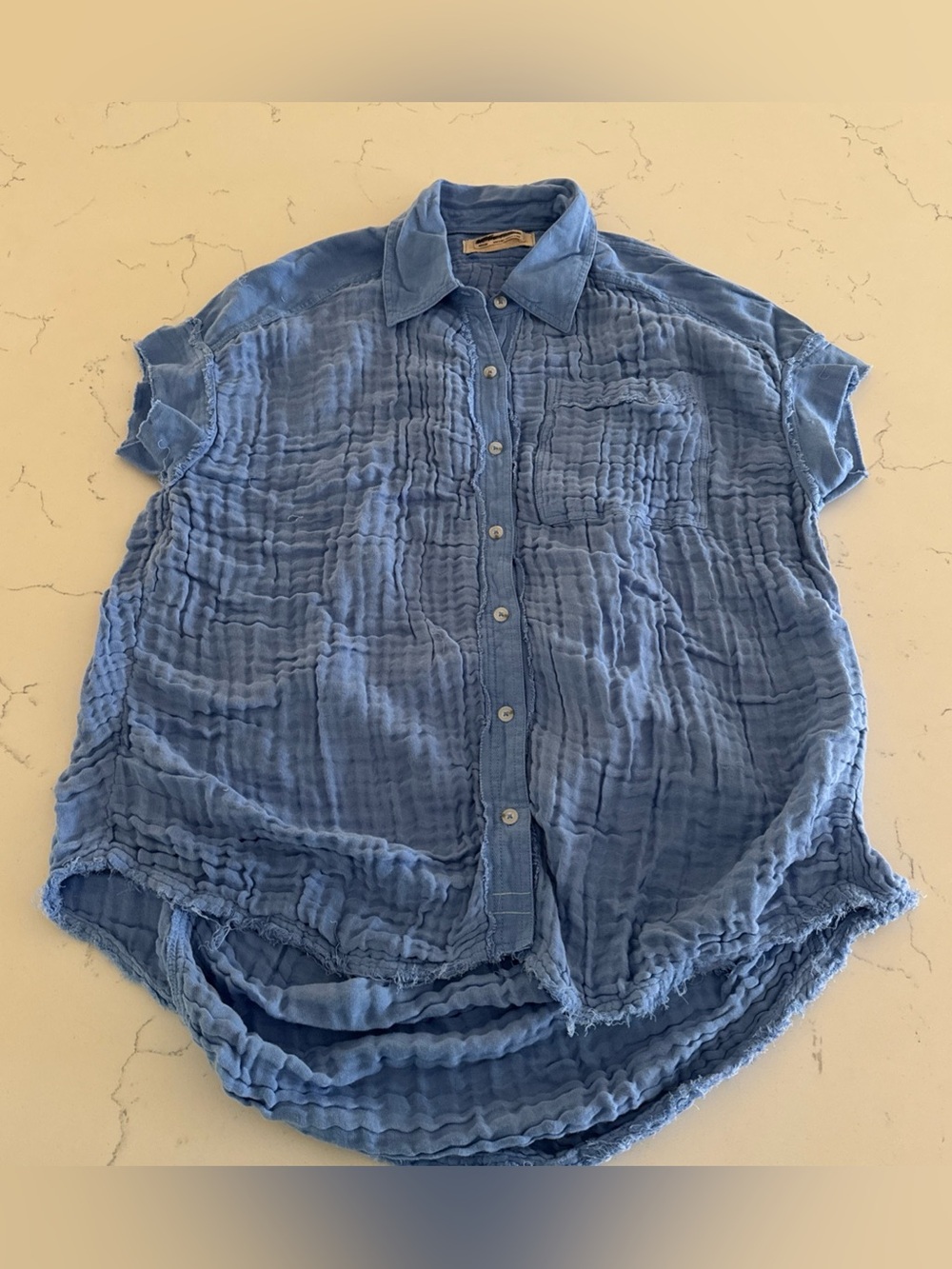 We The Free People Blue Gauzy Button Down Oversized Shirt Tunic